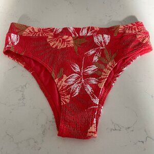 Roxy Tropical Palm Print Hi Waist Smocked Bikini Bottoms Red Wht Sz Au L US S-M